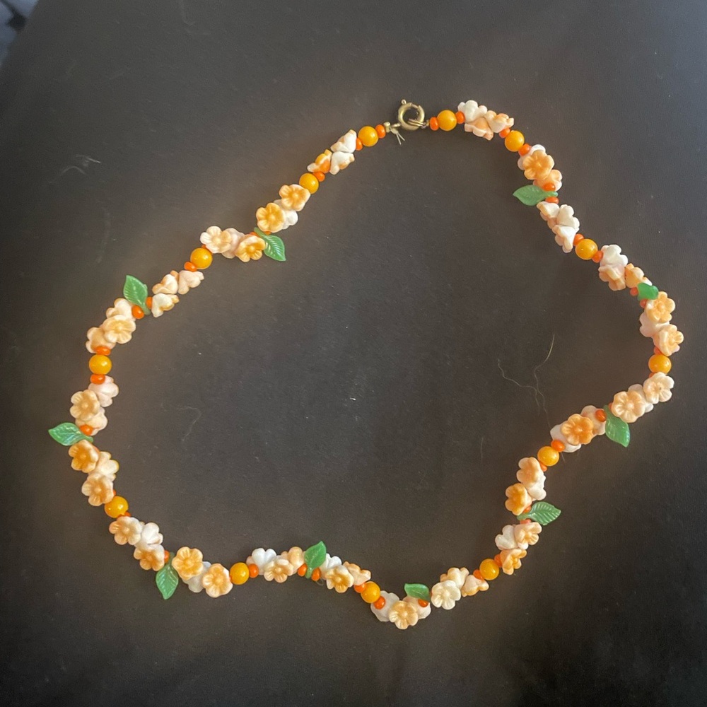 Antique Floral Beaded Necklace with Orange and Green Accents 16in